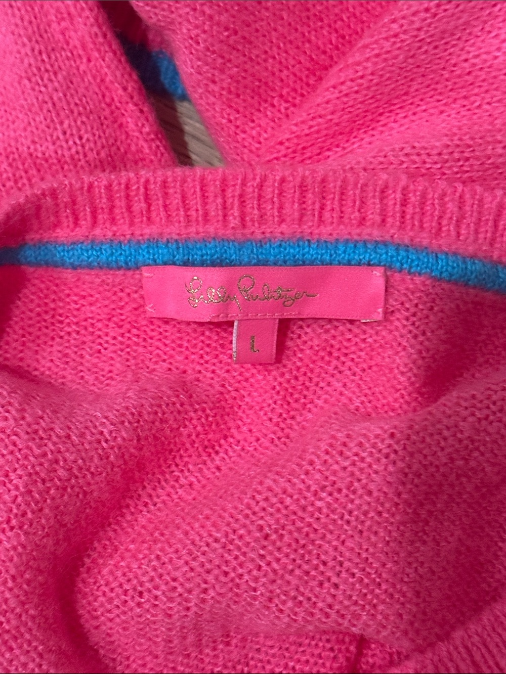 Lilly Pulitzer Hot Pink Crewneck Sweater with Blue 'Fancy' Script - Picture 6 of 7